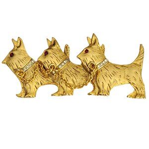 Gold Tone Red, Clear Rhinestone Scottie Terrier Dogs Trio Chain Collar Pin K602